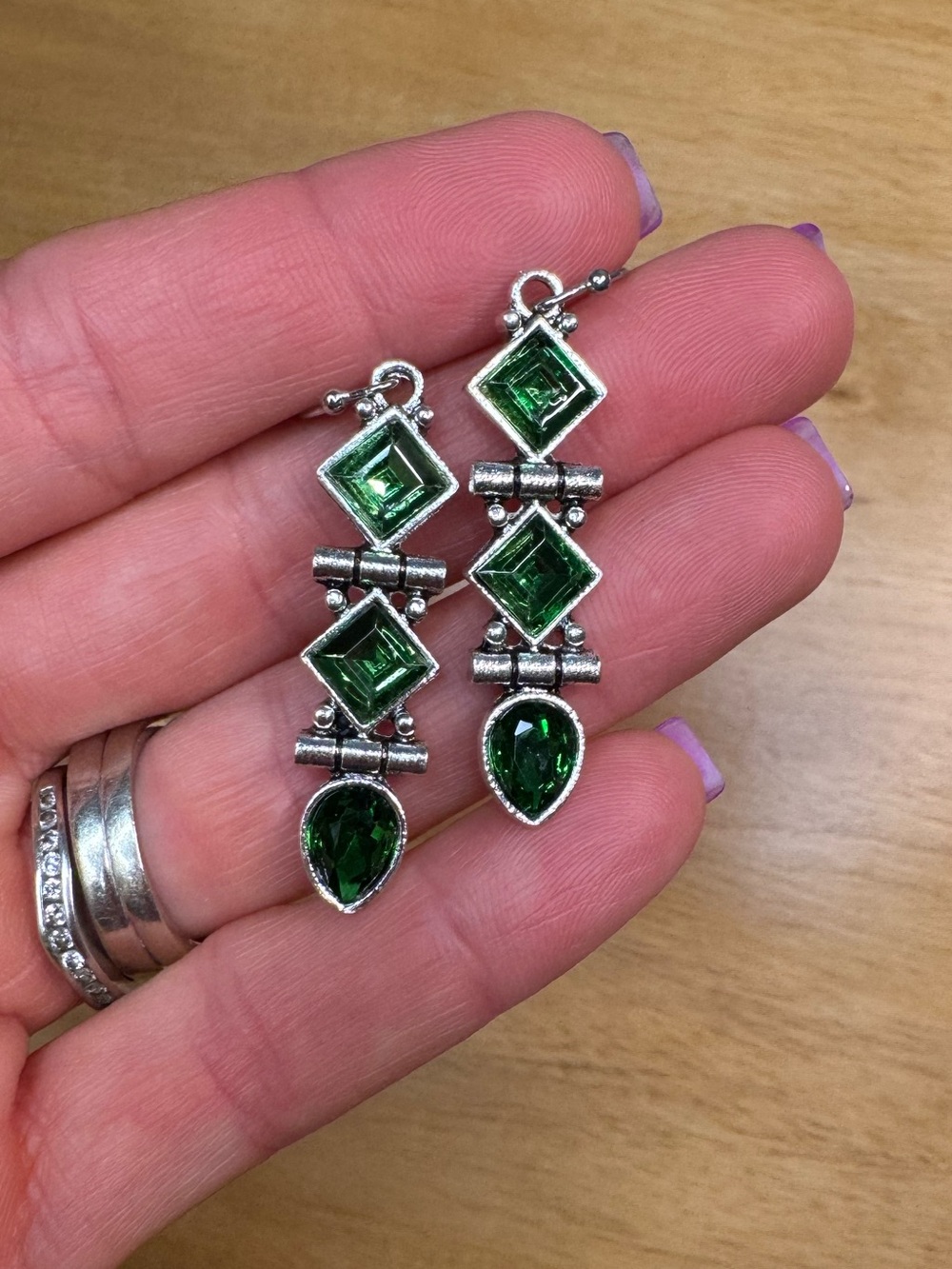 NWT Silver-Tone Green Gemstone Drop Earrings